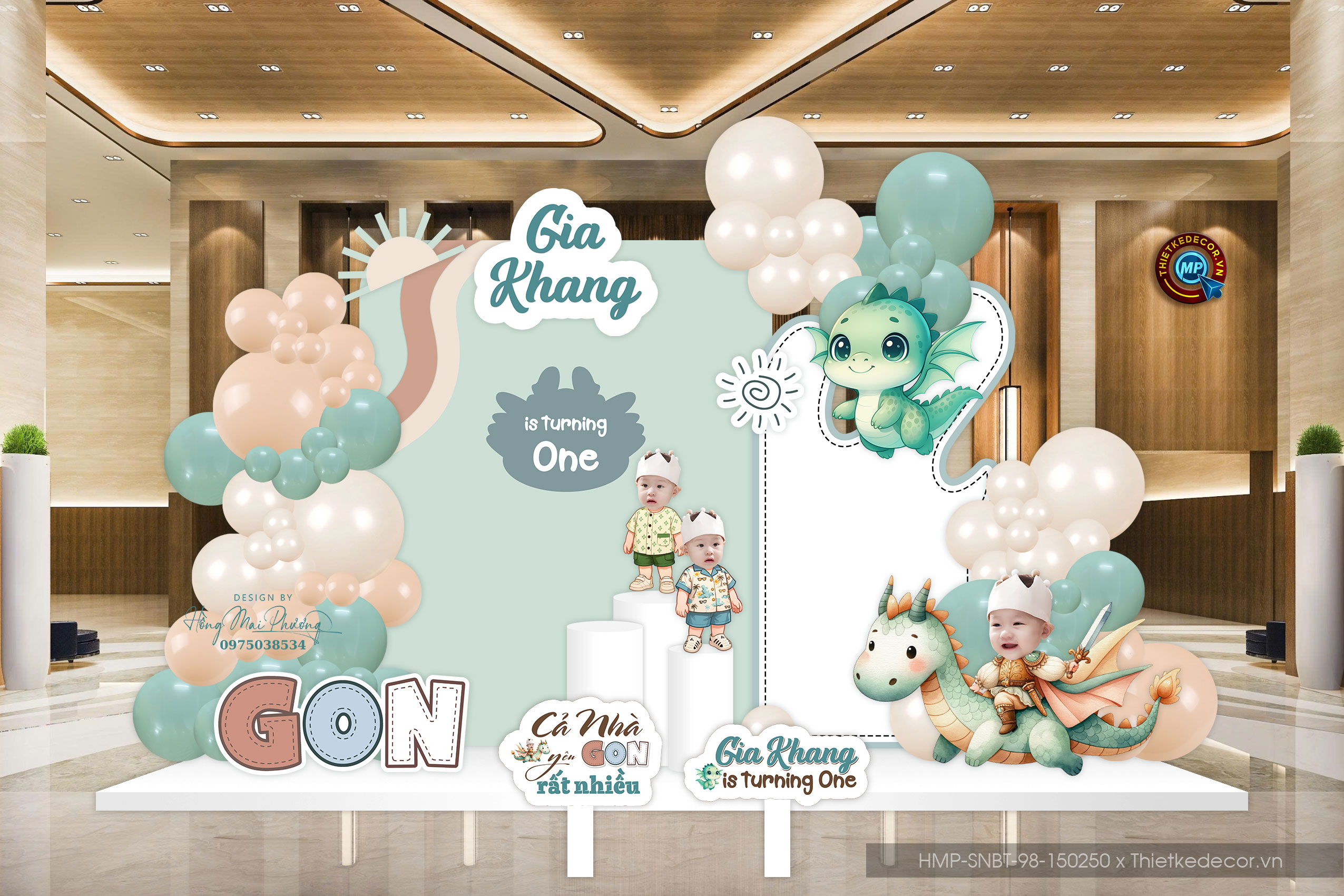 Trang trí tiệc sinh nhật. File thiết kế Backdrop sinh nhật bé trai tone xanh tuổi rồng.